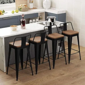 Industrial Metal Bar Stools Counter Height Removable Back 24″ Wooden Seat Black Kitchen Bar Stools