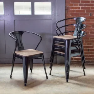 Industrial Metal Dining Chair with Wooden Seat for Outdoor Garden Courtyard Park Home Use