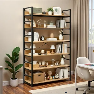 Industrial Metal and Wood Bookcase 6 Shelf Storage Rack Home Furniture Display Bookshelf