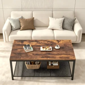 Industrial Modern Convertible Coffee Table Storage Shelves MDF Top Steel Frame Multifunction Design Easy Assembly Dense Mesh