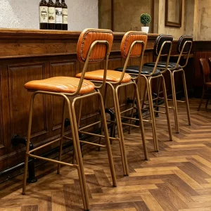 Industrial Modern Iron Metal Bar Stool High Chair with PU Leather Cushion for Hotel Kitchen Dining Living Room Use