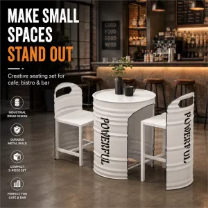 Industrial Modern Oil Drum Furniture Set with Stainless Steel Bar Table Chairs for Cafe Hotel Dining & Restaurant Outdoor Use