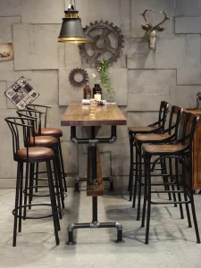 Industrial Pipe Design Bar Table Set Solid Wood Top Pub Table with Bar Stools for Commercial Use