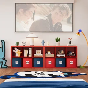 Industrial Red Steel TV Cabinet for Living Room Modular Storage with Grid Design