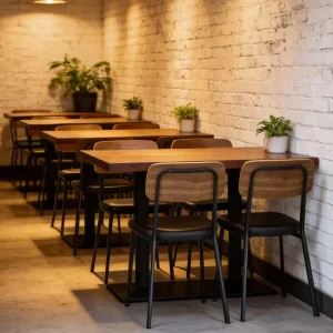 Industrial Restaurant Dining Table Chair Set Metal Frame Wood Grain Finish Stackable Seating Durable Furniture