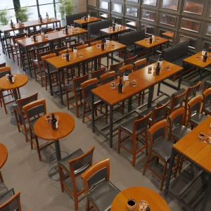 Industrial Retro Solid Wood Commercial Bar Set with High Top Tables Sofas Lounge Chairs and Bar Stools