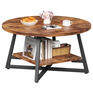 Industrial Round Coffee Table with Storage Shelf Rustic Wood Top Metal Frame Center Table for Living Room Easy Assembly