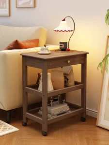 Industrial Rubber Wood Rolling Side Table with Drawer and Open Shelves 103#