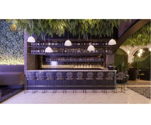 Industrial Speakeasy Lounge Interior Design Plan Rustic Bar Counter for Pub Restaurant Cozy Bar Table Chair Set and Bar Counter