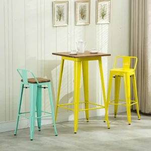 Industrial Steel Square Elm Wood Tabletop Bar Table and Stools for Restaurant and Home Bar Use