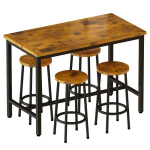 Industrial Style 43.4” Wood Counter Height Bar Table Set with 4 Round Bar Stools for Restaurant