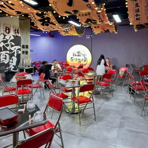 Industrial Style BBQ Restaurant Furniture Stainless Steel Dining Table With Foldable Chairs