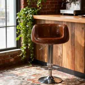 Industrial Style Bar Stool with Cowhide Aluminum Finish Swivel Height Adjustable for Bars Dining Rooms Living Rooms