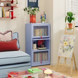 Industrial Style Blue Metal Bookshelf with Flip Doors for Living Room and Study