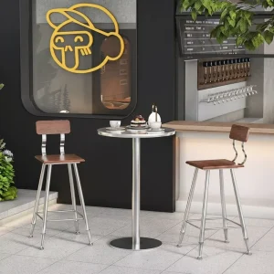 Industrial Style Coffee Shop Stainless Steel & Solid Wood Bar Table and Bamboo High Stool Combination for Restaurant Use
