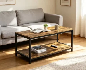 Industrial Style Coffee Table with Storage Shelf, Vintage Brown