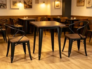 Industrial Style Restaurant Furniture Set Iron Restaurant Chairs with Wooden Cushion and Iron Table for Rooftop Restaurant Cafe