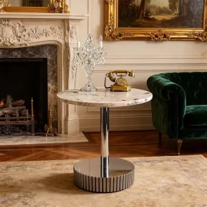 Industrial Style Round Marble Side Table with Vintage Gear Metal Base Retro End Table for Bar Cafe & Living Room Furniture