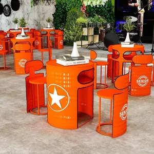 Industrial Style Wrought Iron Oil Drum Bar Table Chair Set Retro High Top Push In Style for Barbecue Restaurants