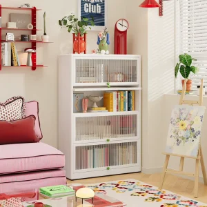 Industrial White Metal Flip Door Bookshelf for Living Room