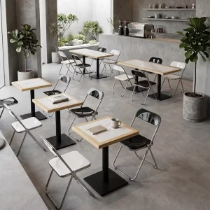Industrial Wind Dining Set Textured Solid Wood Tables and Foldable Clear Acrylic Chairs for Coffee Shops