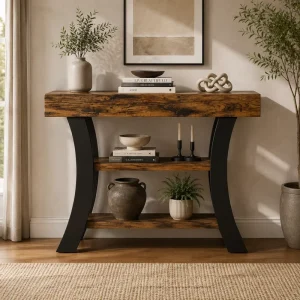 Industrial Wood Console Table 41″ Entryway Living Room Sofa Table with 3 Shelves Curved Frame for Villa Hotel Use