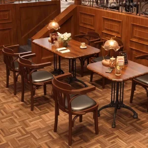 Industrial Wooden Dining Table and Chair Set with Leather Seating for Modern Spaces for Restaurant Cafe Bar Bistro