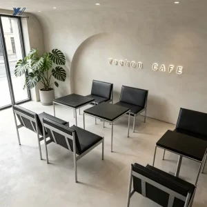 Ins Modern Stainless Steel PU Leather Chairs Round Black Side Tables Cafe Furniture Set for Small Coffee Lounge Reception Area