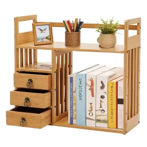 Integrated Bamboo Desk Organizer 3 Drawers Multi Tiered Bookcase Desktop Storage Station for Office Decor