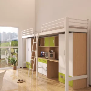Integrated Connected Modern Bunk Beds with Upper Bed and Lower Desk for College Student Dormitory and Bedroom
