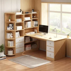 Integrated Corner Desk Home Office Bedroom Student Study Foldable Wooden Adjustable Computer Table Bookshelf