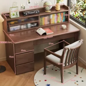 Integrated Home Desk with Bookshelf and Drawers Simple Student Writing Table and Bedroom Workstation Against Wall