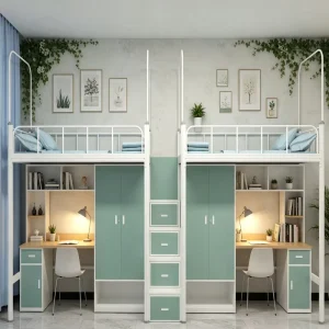 Integrated Loft Bunk Bed Middle Storage Stairs Metal Frame Built in Desk & Wardrobe Space Saving Dorm Bed for Students & Staff