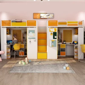 Integrated Modern Double deck Bunk Bed with Upper Lower Desks Cabinets School Dormitory Apartment College Students