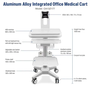 Integrated Office Medical Computer Cart with VESA Mount Keyboard Tray and Computer Host Plate