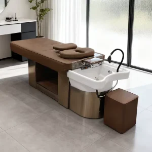 Intelligent Electric Shampoo Bed Modern Thai Massage Bed with Black Waterfall-shaped Water Pipe for Barber Shop and Beauty Salon