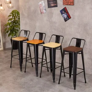 Iron Modern Commercial Stackable Stable Outdoor Kitchen Bar Stool Wooden Seat Saber Leg Backrest Colored Industrial Hotels Chair