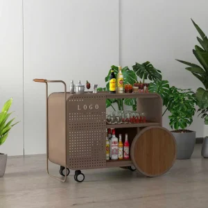 Iron Trolley Wooden Cart with Wheels for Hotels and Bars