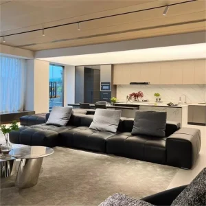 Italian Black Leather Straight Sofa Set Minimalist Pixel Design First Layer Cowhide for Living Room Application