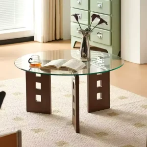 Italian Design Solid Wood Frame Tempered Glass Round Coffee Table for Hotel Office Cafe Villa Apartment