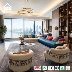 Italian Designer Sofa Collection Vibrant Geometric Bolster Back Suite for Boutique Hotels and High-Fashion Residential Interiors