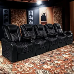 Italian Leather Home Theater Loveseat Row 5 Black Left Powered Headrest Lumbar Massage Recline Function for Living Room