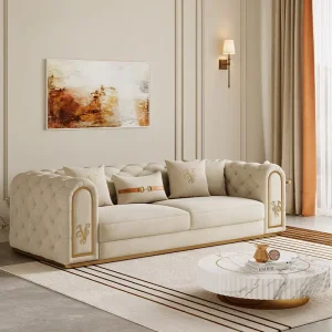 Italian Leather Sofa Set Modern Villa Living Room with Elegant Button Tufted Couch Genuine Leather Material for Hotels