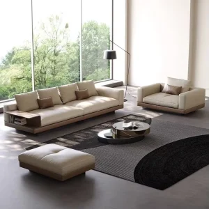 Italian Leather Sofa Set with Side Book Storage Sponge Filled L Shape Minimalist Apartment Living Room Furniture