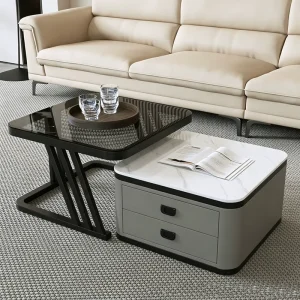 Italian Light Luxury Nesting Coffee Table Glass & Sintered Stone Storage Tea Table With Drawers for Living Room