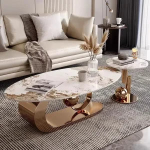 Italian Light Luxury Oval Metal Stone Slab Top Coffee Table for Living Room Small Apartment High end Simple Design