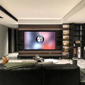 Italian Luxury Entertainment Center with Floor to Ceiling TV Cabinets and Warm LED Shelves for Modern Home Theater