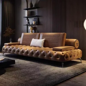 Italian Luxury Leather Chaise Sofa Set Contemporary Style Full Genuine Leather High End Convertible Extendable Modular Villa