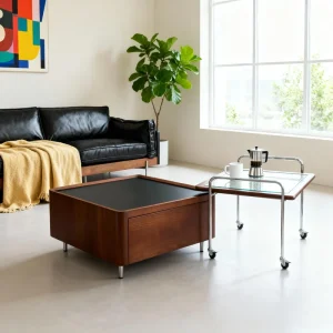 Italian Midcentury Wooden Square Coffee Table with Adjustable Height Drawer Black for Living Room Home Office Villa