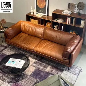 Italian Minimalist Caramel Leather Three Seat Extendable Top Grain Oil Wax Leather Mid Sofa for Living Rooms Small